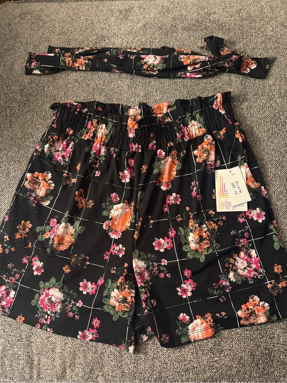 LuLaRoe Black Floral Paperbag Waist Mini Shorts with Tie